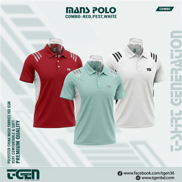 Man's Polo 3 Pcs Combo-Red, Pest, White