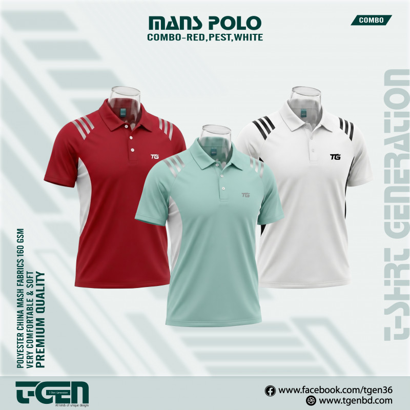Man's Polo 3 Pcs Combo-Red, Pest, White