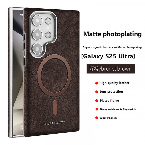 New Electroplating PU Leather Magnetic Case For Samsung S23 S24 S25 Ultra Wireless Charging Protective Cover