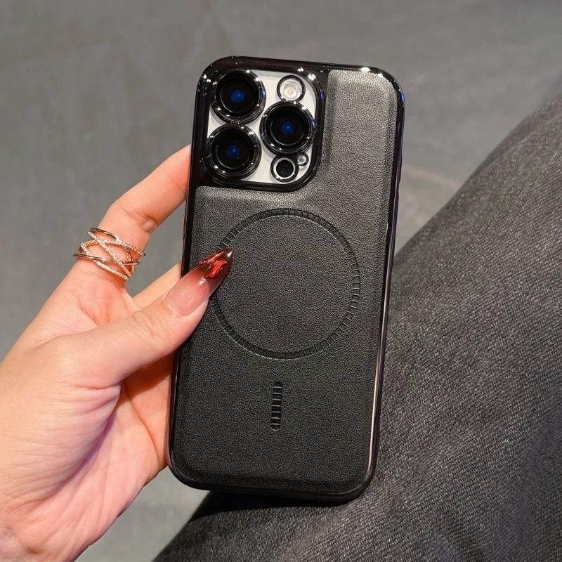 New Electroplating PU Leather Magnetic Case for iPhone With Glass Lens Film Shockproof Hard Cover