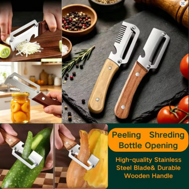 2 Pcs Multifunctional Vegetable Peeler Set with Wooden Handle