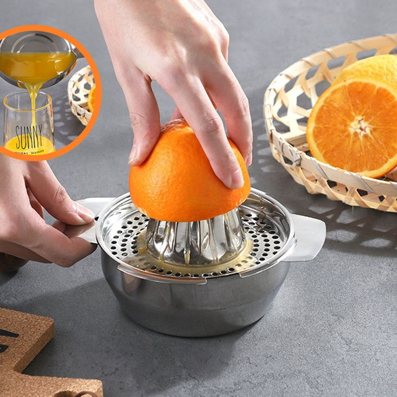 "Stainless Steel Manual Hand Citrus Juicer with Bowl Storage Container"