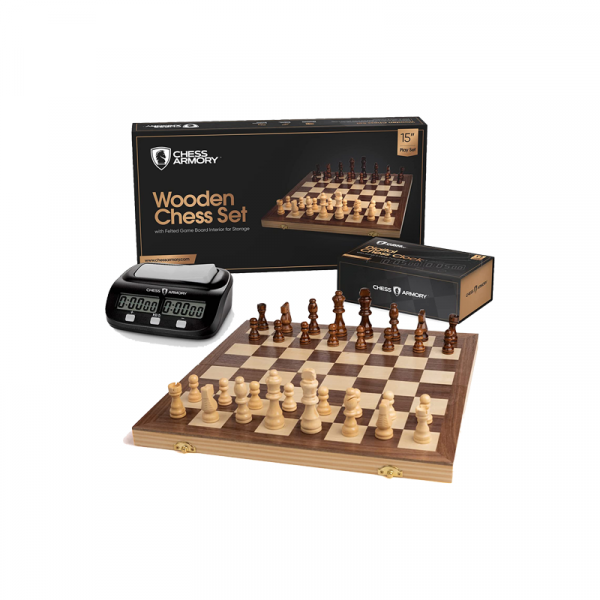 Chess Armory 15 inch Chess Set and Chess Clock Bundle